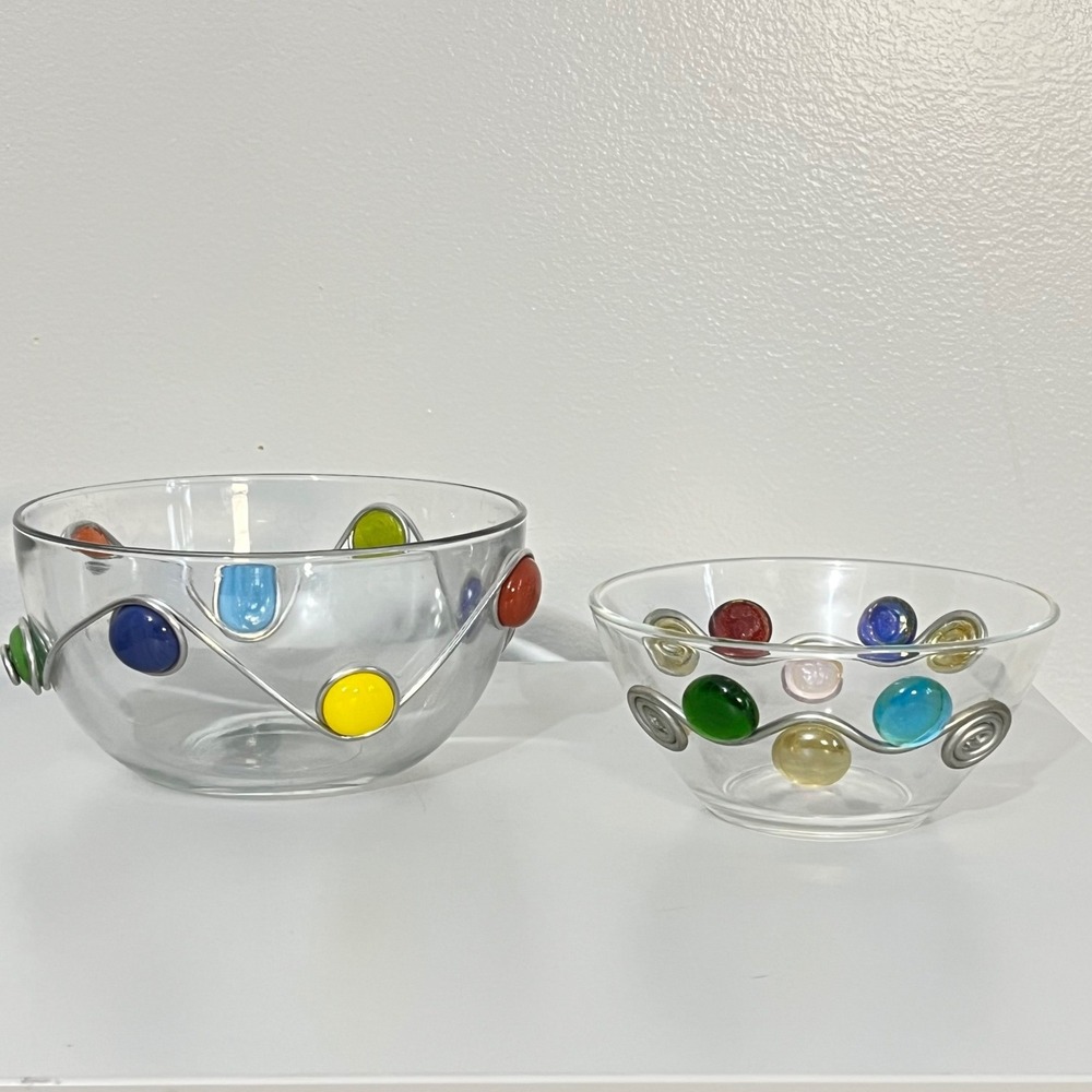 Set of 2 ARC FRANCE Clear Glass Bowls Swirl Wire Colorful‎ Gem Accent